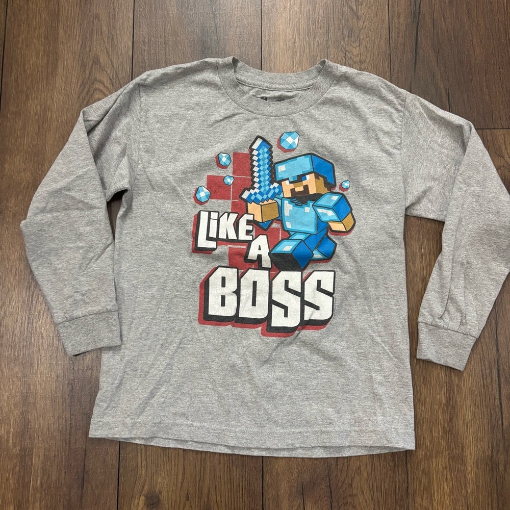 Minecraft Like a Boss Longsleeve Gray T-Shirt, Youth Size Large